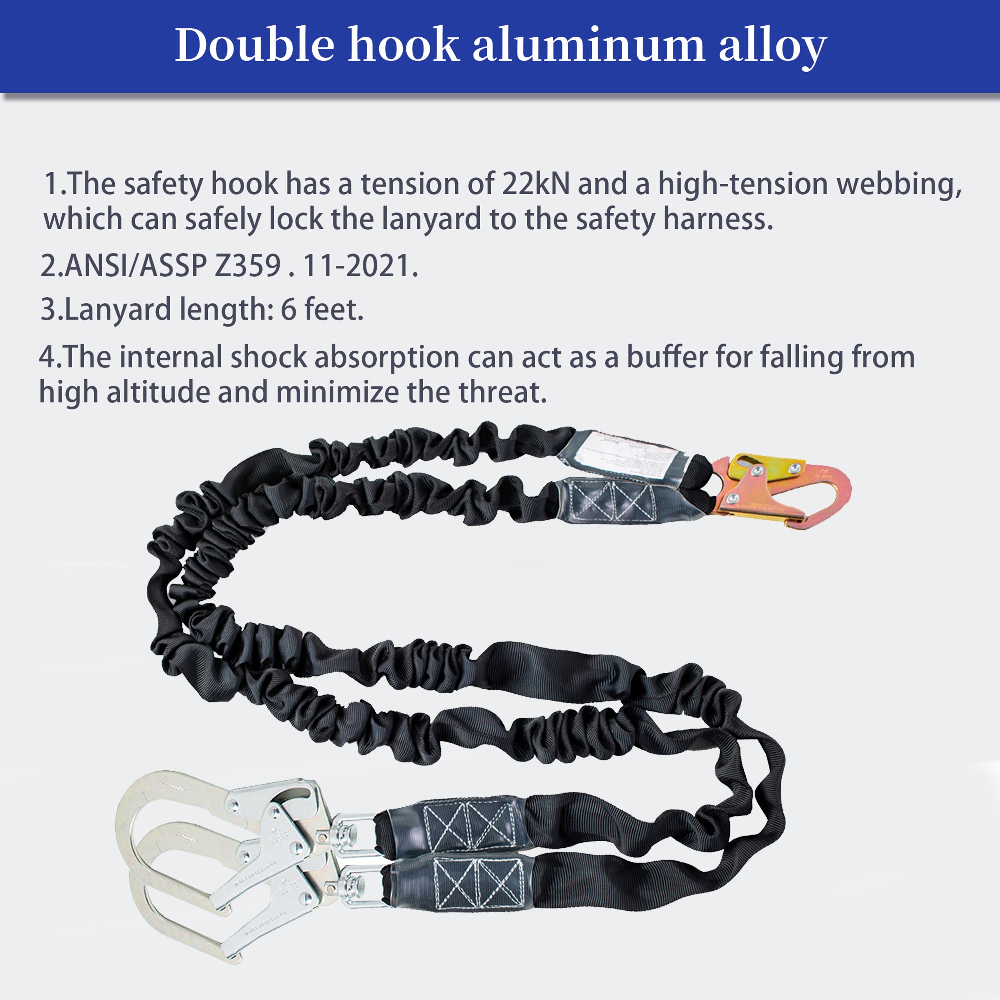 6ft Twin Leg Energy Absorbing Lanyards for Fall Protection, Fall Arrest Safety Lanyards