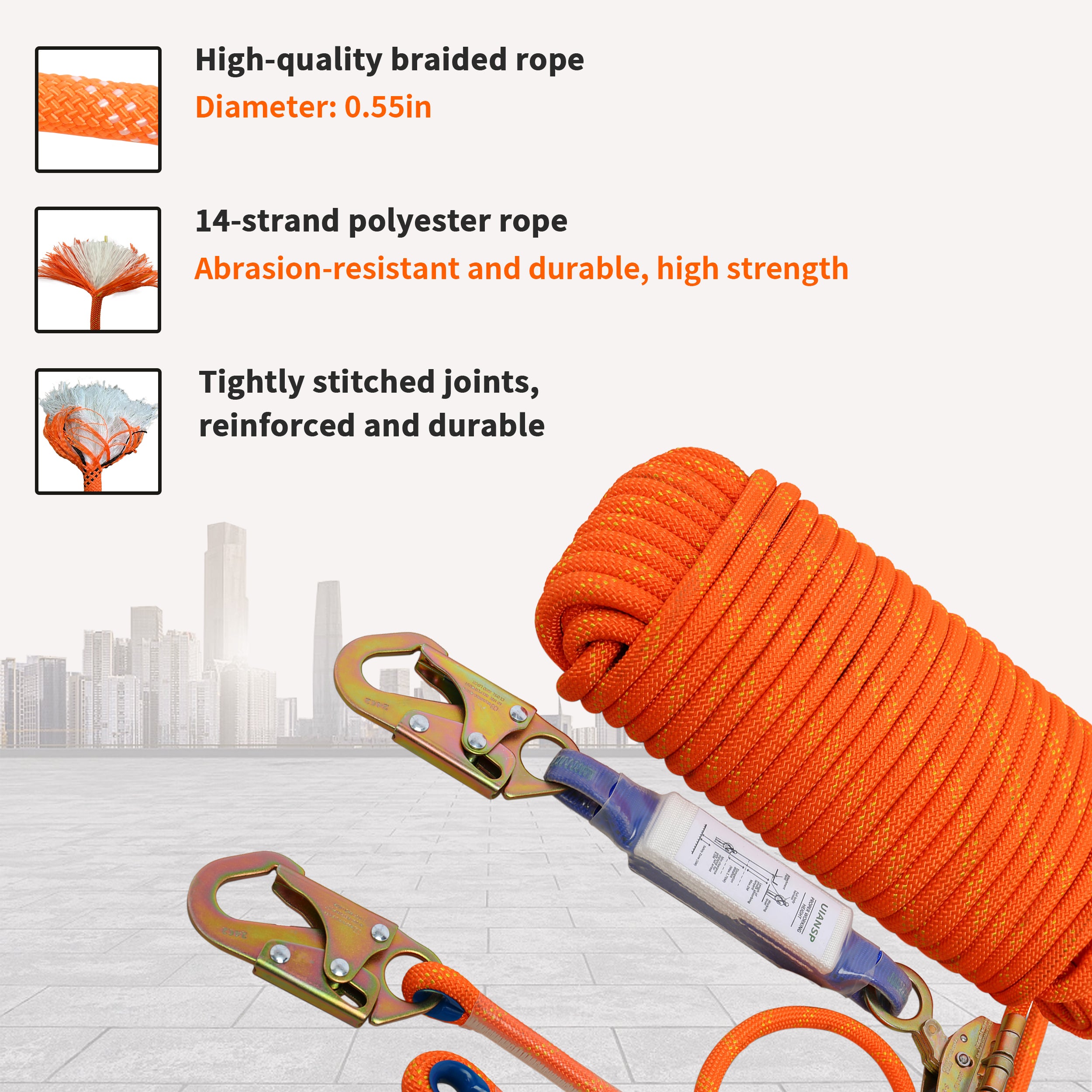 Fall Protection Safety Rope 25ft 50ft 100ft 150ft Life Safety Rope, Vertical Lifeline with Rope Grab, Climbing/Treestand Rope