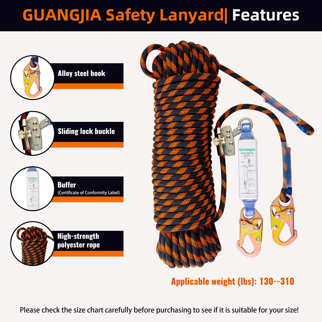 Fall Protection Safety Lanyard Rope, Vertical Lifeline Kit with Grab
