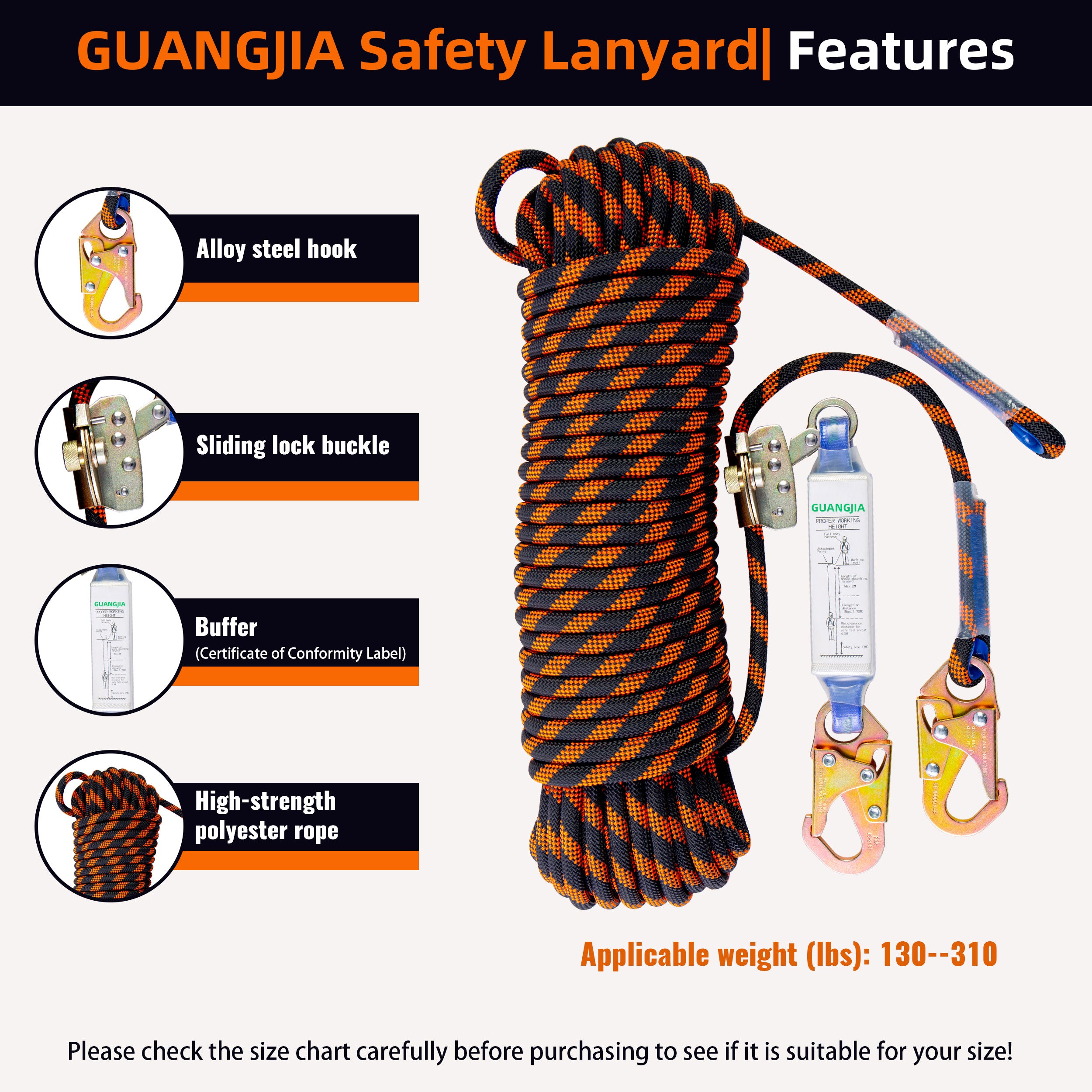 Fall Protection Safety Lanyard Rope, Vertical Lifeline Kit with Grab