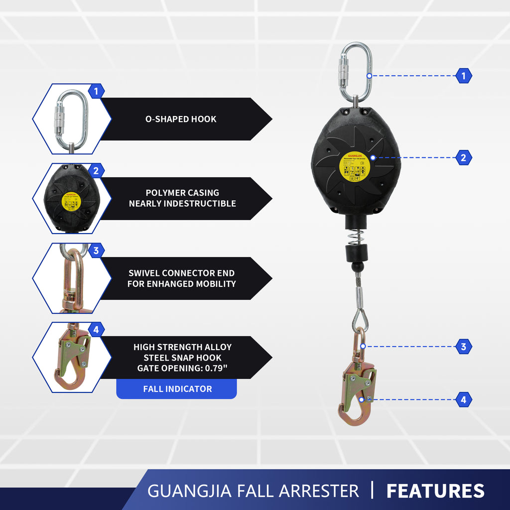 Steel Wire Self Retracting Lifeline, Fall Protection Safety Lanyard, NO Tangle Steel Cable, Class 1 SRL ANSI OSHA Retractable Fall Arrest
