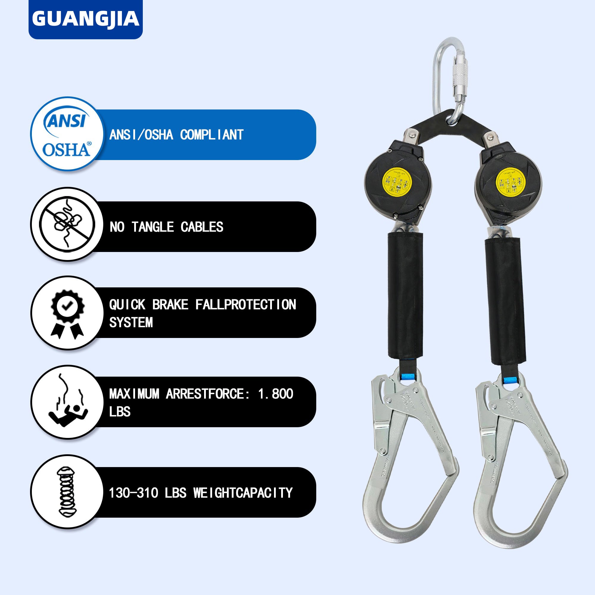 6ft Twin-Leg NO Tangle Self Retracting Lifeline, ANSI Class A SRL, Shock Absorbing Lanyard for Construction Fall Arrest Protection