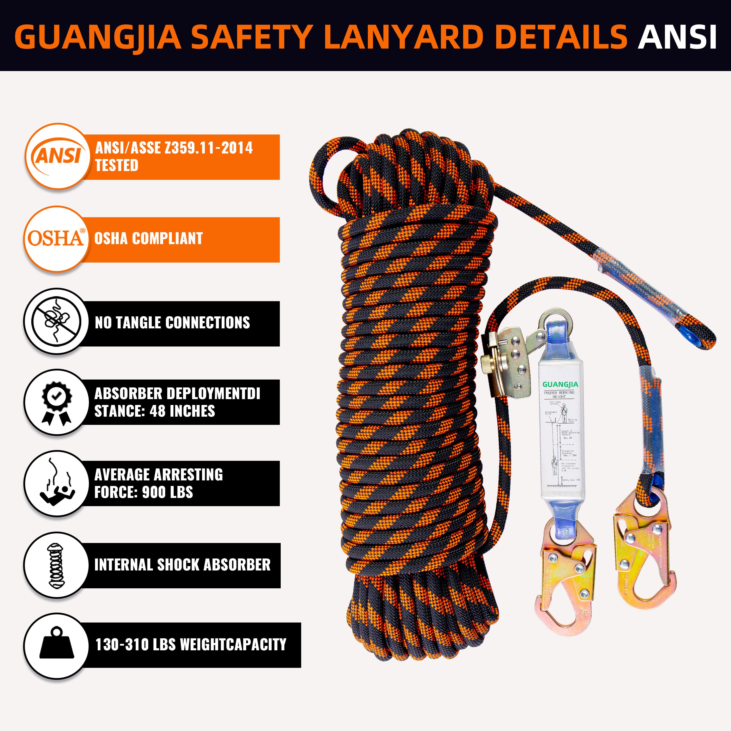 Fall Protection Safety Lanyard Rope, Vertical Lifeline Kit with Grab