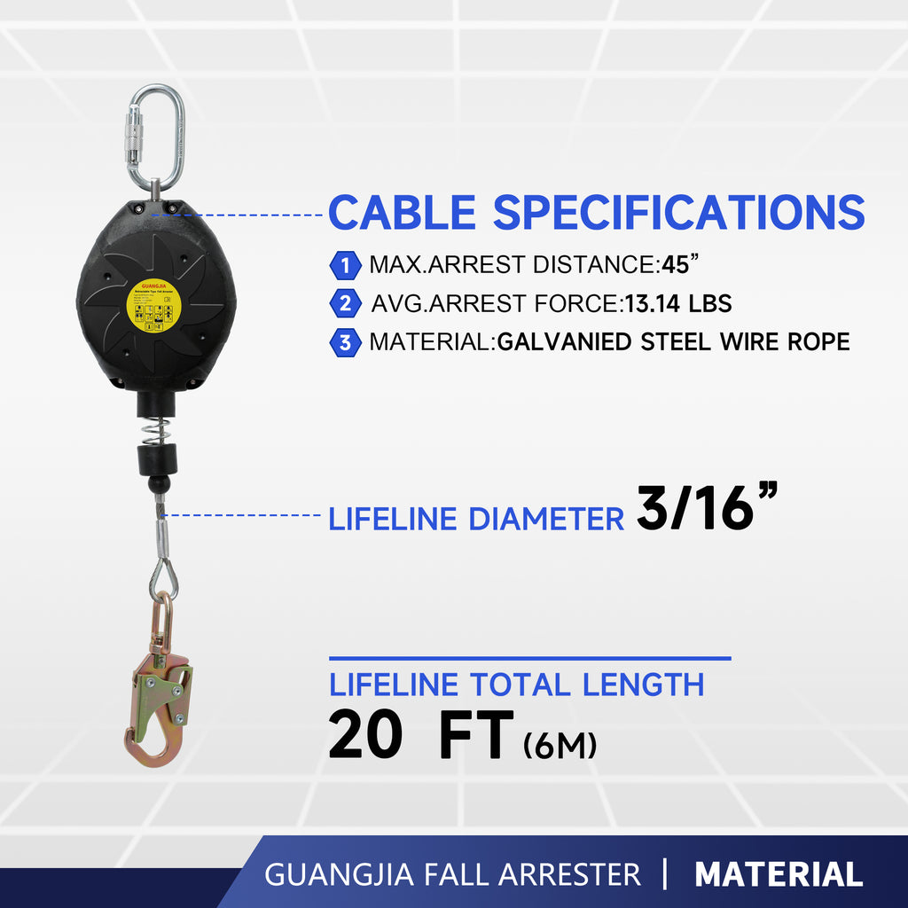 Steel Wire Self Retracting Lifeline, Fall Protection Safety Lanyard, NO Tangle Steel Cable, Class 1 SRL ANSI OSHA Retractable Fall Arrest