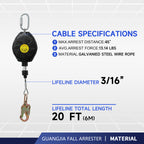 Steel Wire Self Retracting Lifeline, Fall Protection Safety Lanyard, NO Tangle Steel Cable, Class 1 SRL ANSI OSHA Retractable Fall Arrest