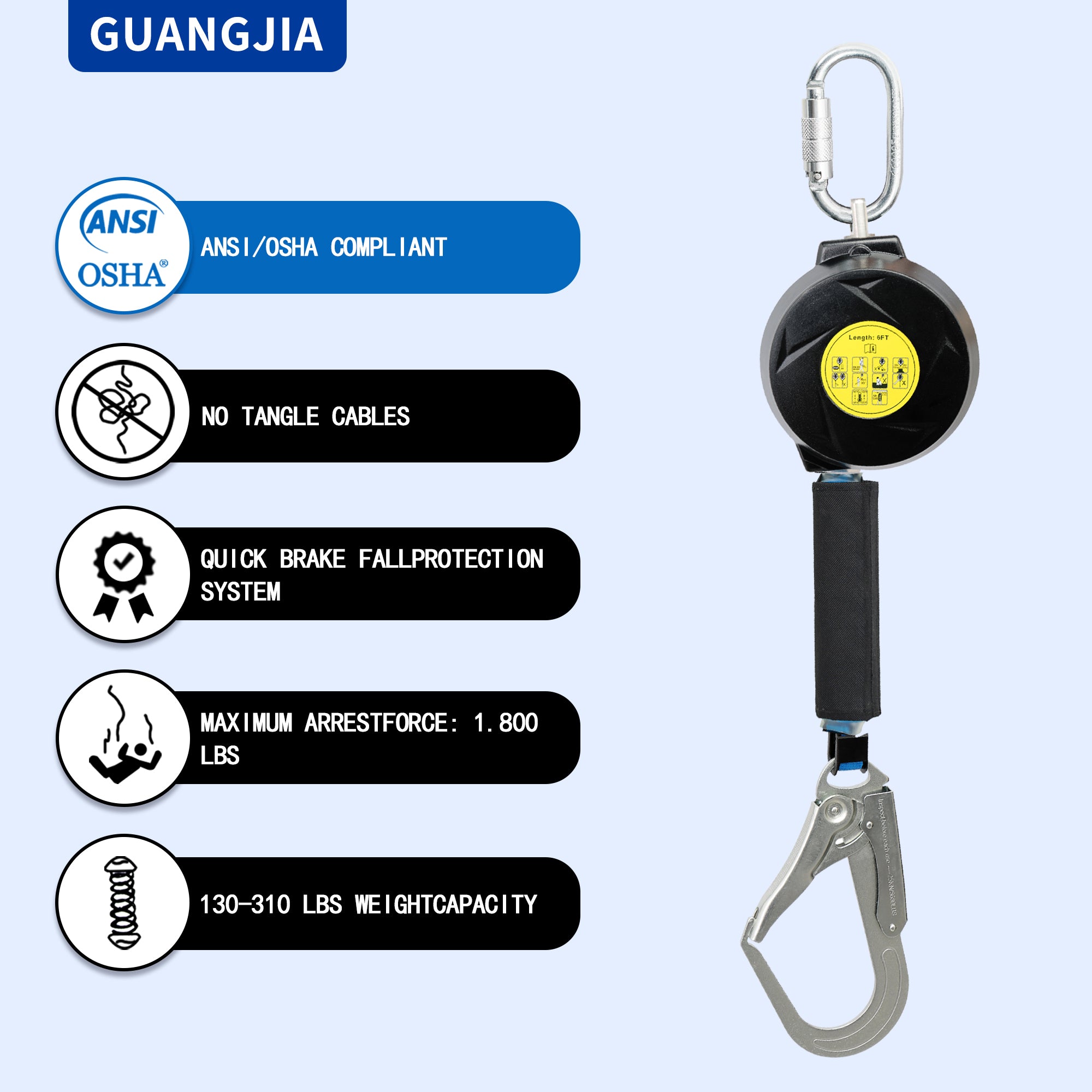 Fall Protection Self Retracting Lifeline, 6/11 ft Retractable Safety Lanyard, Fall Arrest Protection ANSI Self Retractable Lifeline