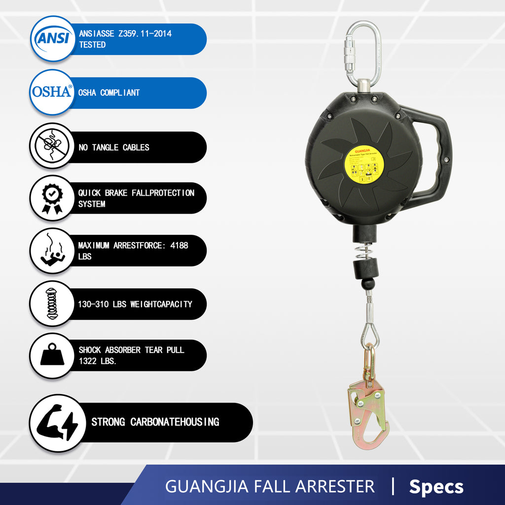 Steel Wire Self Retracting Lifeline, Fall Protection Safety Lanyard, NO Tangle Steel Cable, Class 1 SRL ANSI OSHA Retractable Fall Arrest