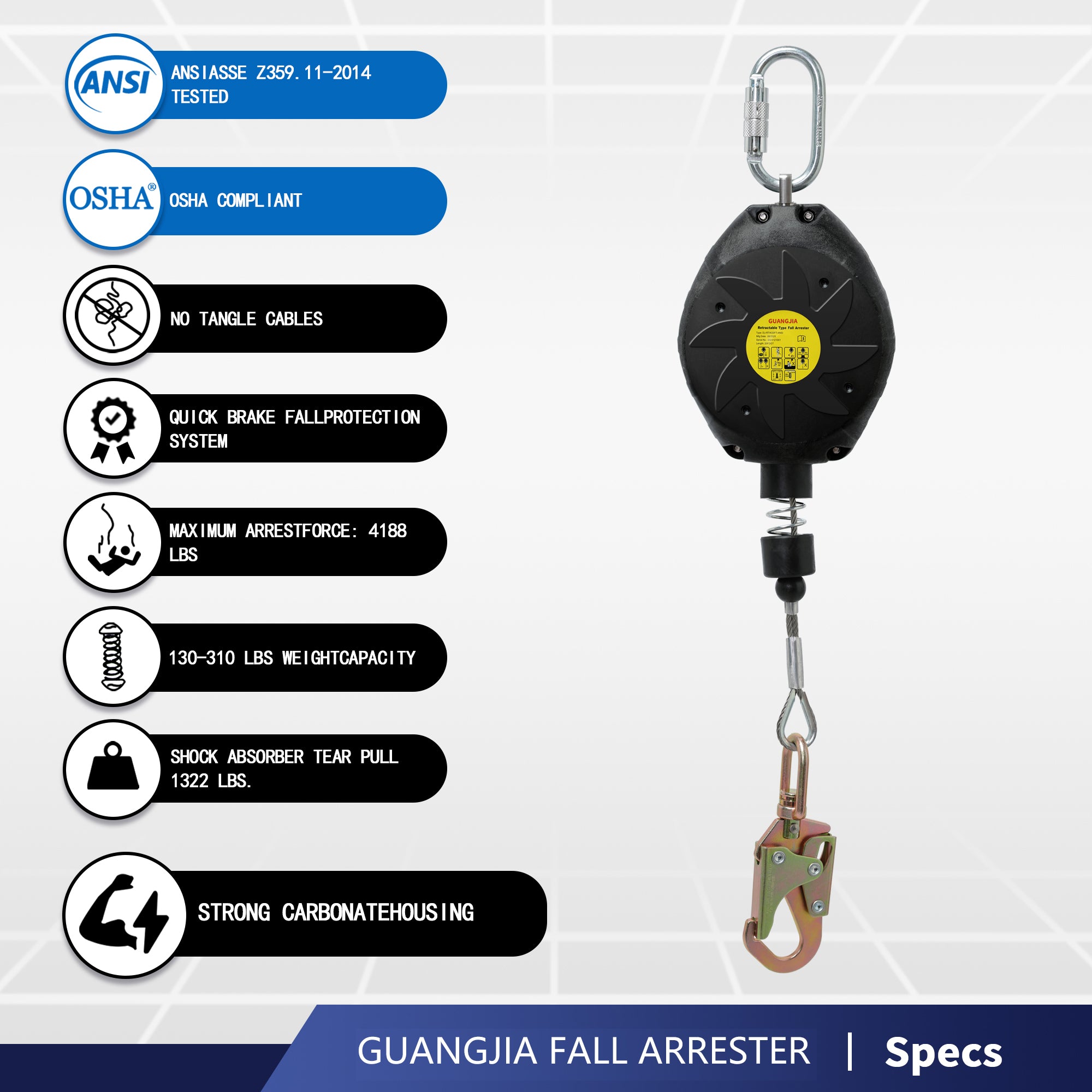 Steel Wire Self Retracting Lifeline, Fall Protection Safety Lanyard, NO Tangle Steel Cable, Class 1 SRL ANSI OSHA Retractable Fall Arrest