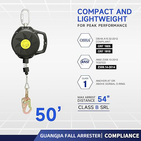 Steel Wire Self Retracting Lifeline, Fall Protection Safety Lanyard, NO Tangle Steel Cable, Class 1 SRL ANSI OSHA Retractable Fall Arrest